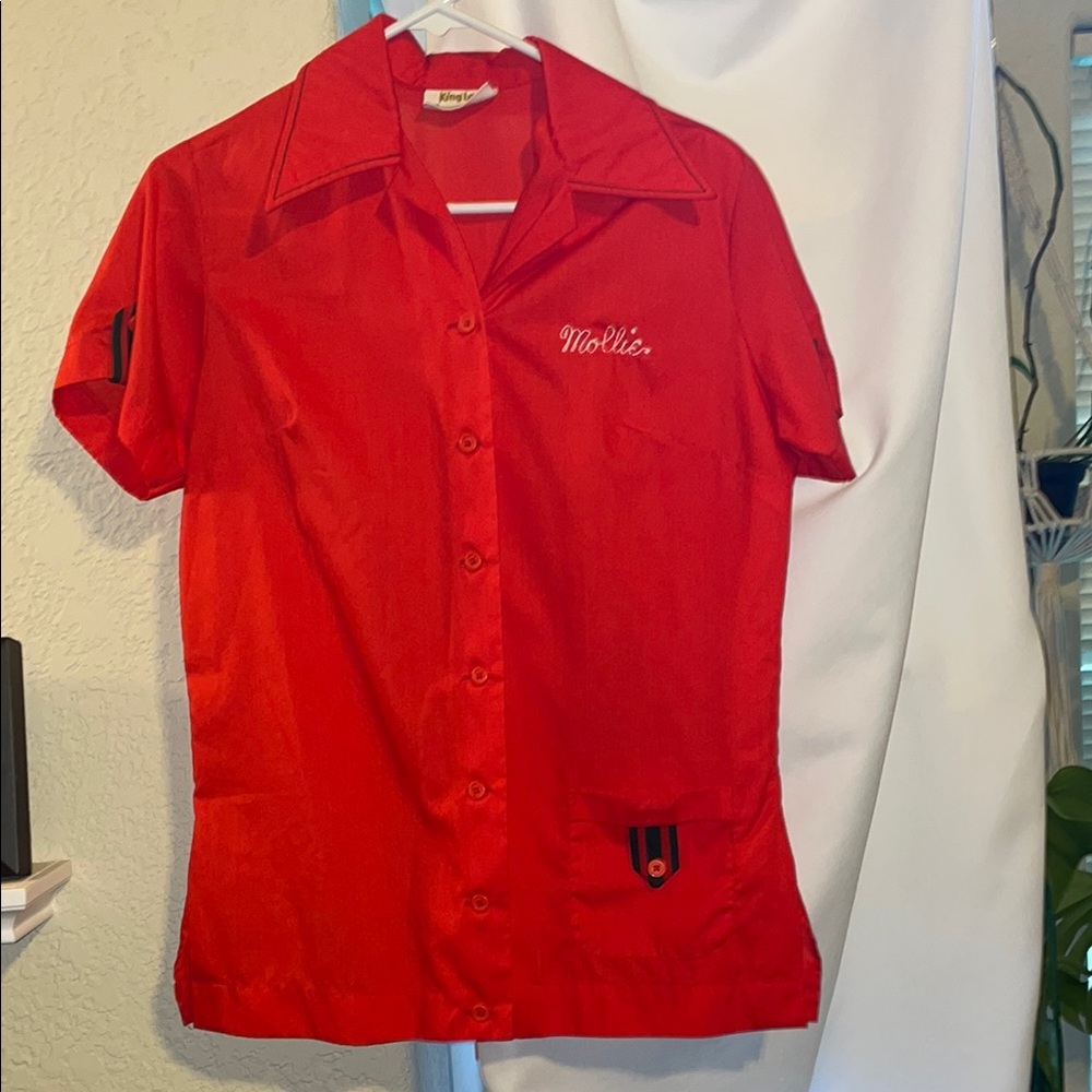 Red Button-Up Shirt with Embroidered Detail